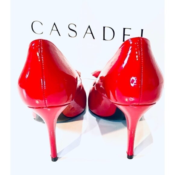 Casadei Red Patent Leather High Heel Pumps sz 36 Faux Rhinestone Gemstone Detail - Picture 6 of 17